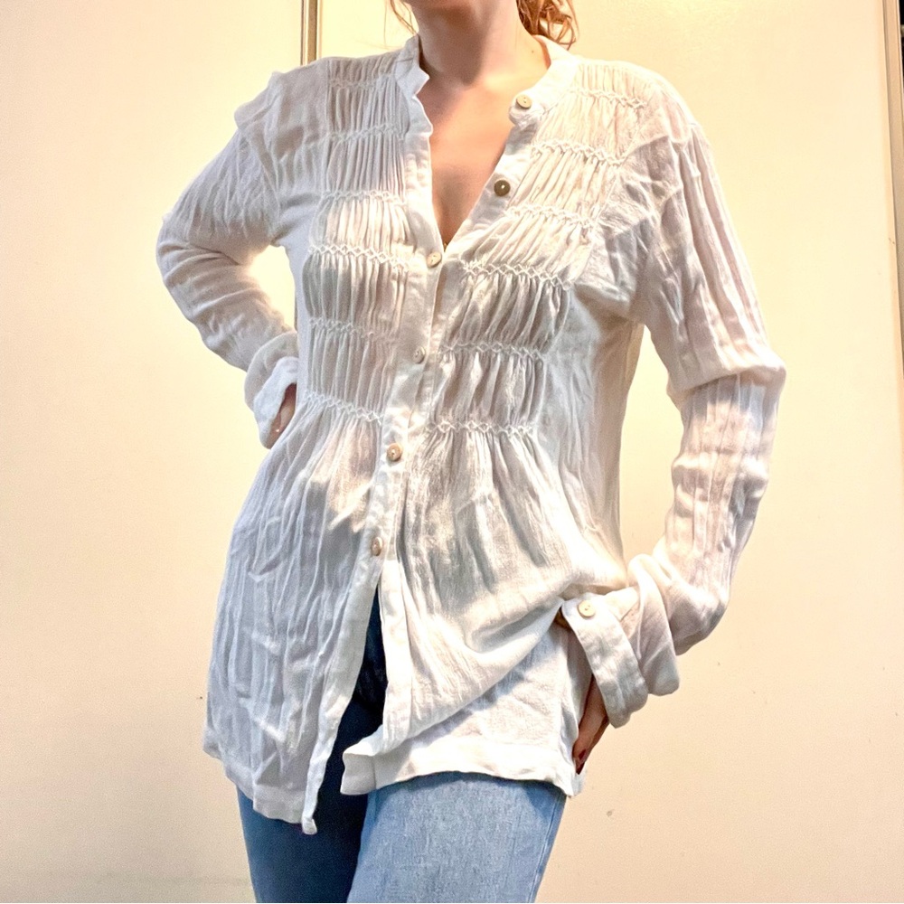 Vintage Coastal Grandma Gauze White Bamboo Button Nautical Beach Shirt